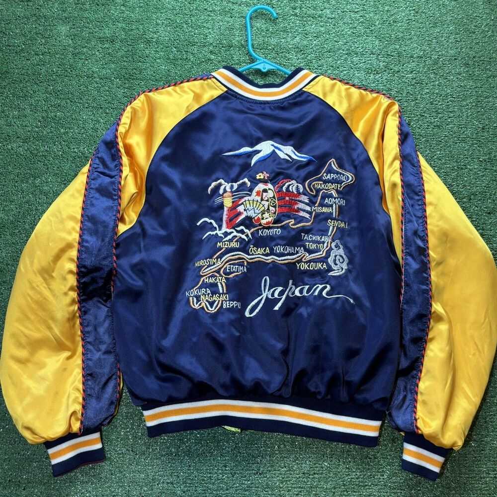 Sukajan Vintage Japanese Souvenir Reversible Jacket Blue Green Size: S 1950s